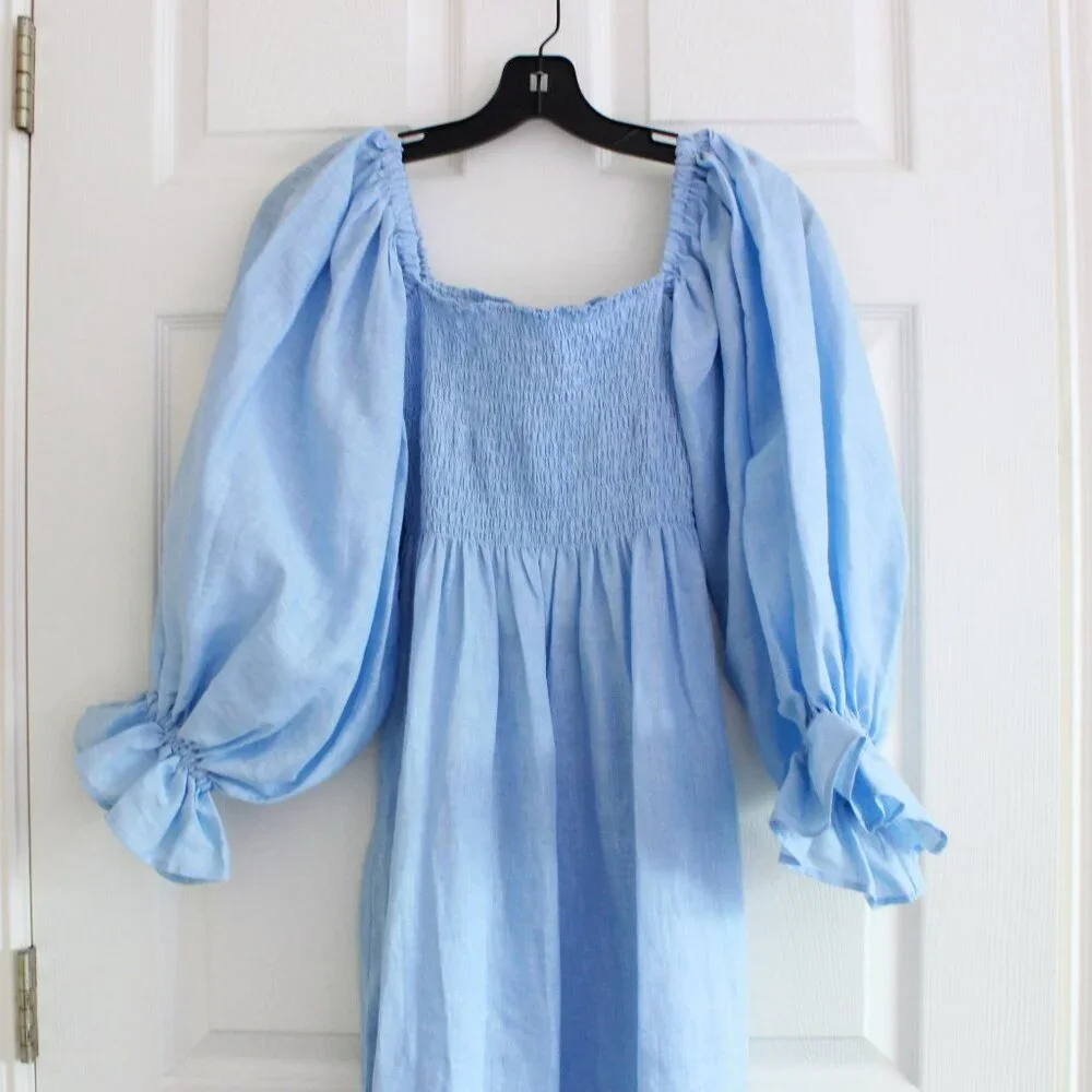 Sleeper Atlanta Midi Linen Dress in Light Blue Puff Sleeve Smocking - Picture 3 of 12